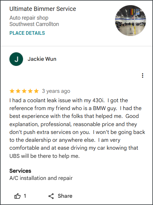 Review of Ultimate Bimmer Service By Jackie Wun